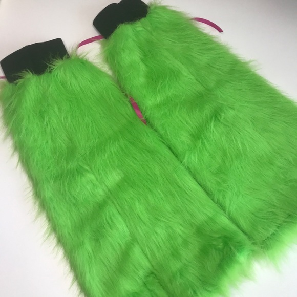 Neon Green Fur Leg Warmers Flared Boot Covers Corset Legwarmers Monster Costume - Picture 3 of 8